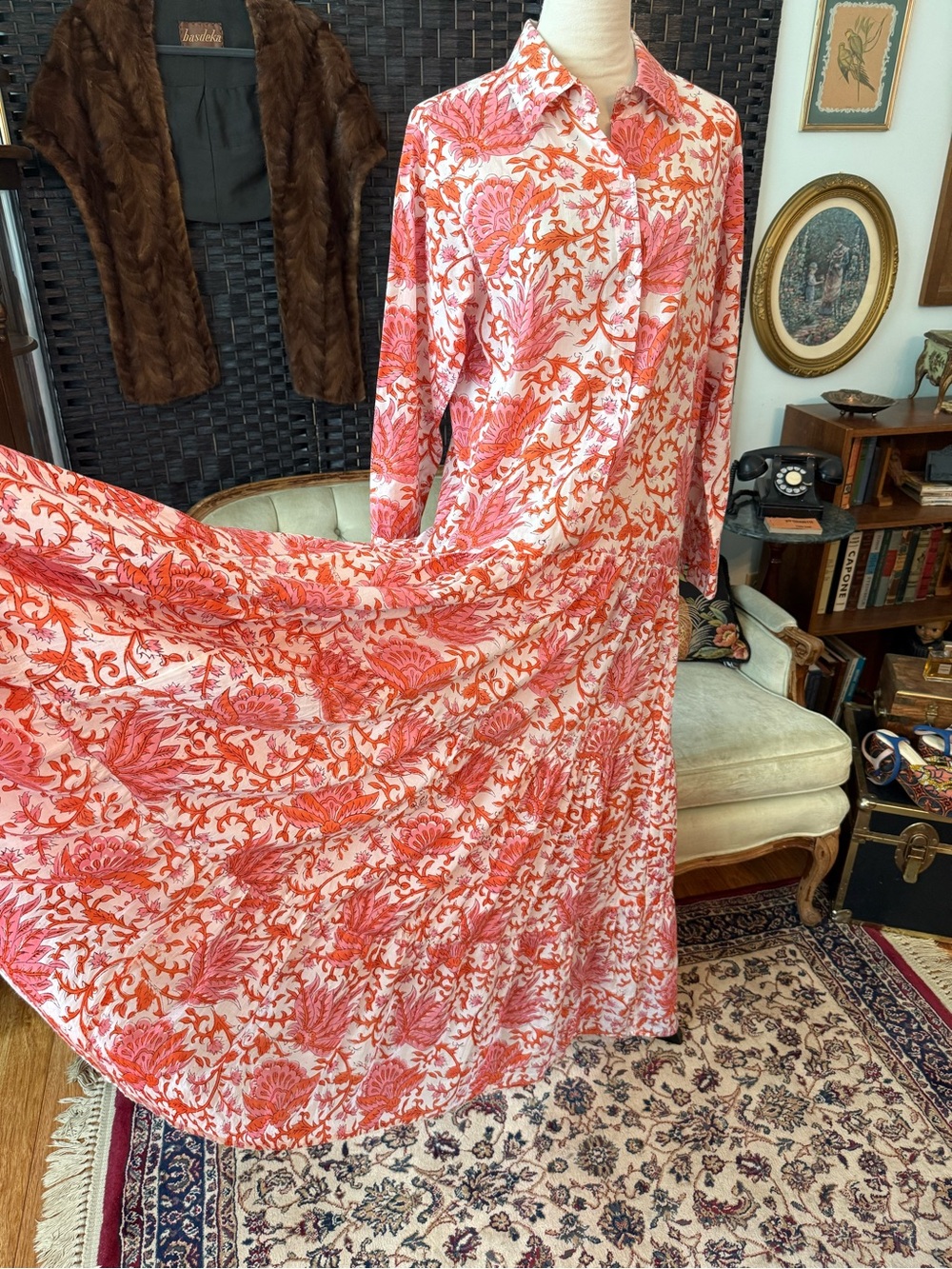 🌺 Guadalupe Design Meredith Floral Maxi Dress Coral Pink Cotton Tiered Boho M - Picture 2 of 12